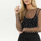 Women's Sheer Mesh Beaded Long Sleeve Top