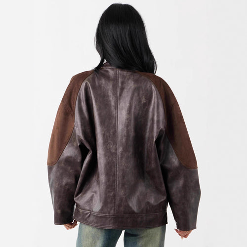 Vintage Faux Leather Stitching Contrast Color Coat Sexy Rope Design Hip Skirt Sets