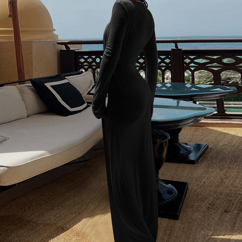 Black Long-Sleeve V-Neck Micro Transparent Dress