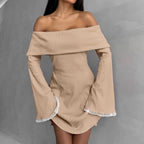 Pink Off-Shoulder Flare-Sleeve Knit Mini Dress