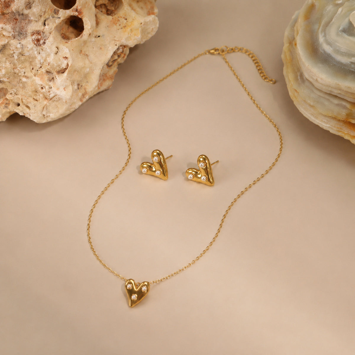 Women's Heart Stud Earrings and Necklace Set