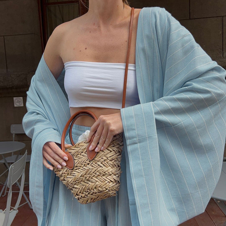 Cotton Striped Tied Top Loose Long Cardigan