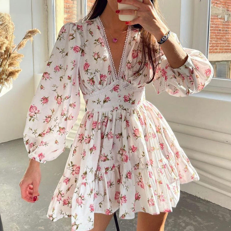 Autumn Winter Street Casual Floral Midi High-Waist Slim V-Neck Dress