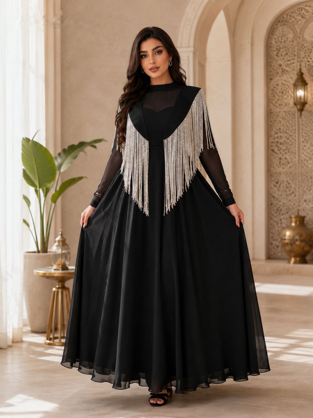 Women's Black Tassel Evening Dress