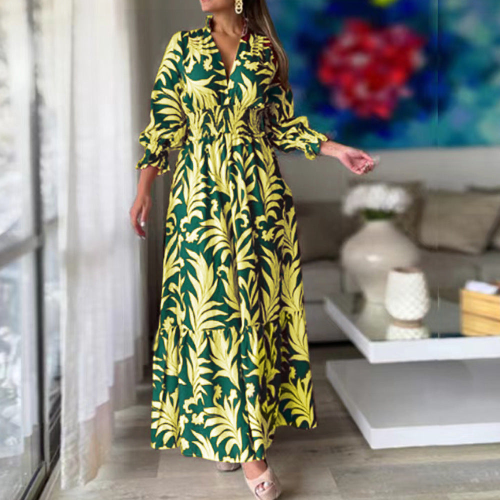 Women's Autumn Winter Maxi Dress Waist Tight Pullover Bohemian Printed Long Sleeve Big Hem Dress