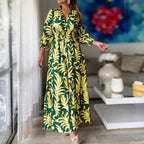 Women's Autumn Winter Maxi Dress Waist Tight Pullover Bohemian Printed Long Sleeve Big Hem Dress