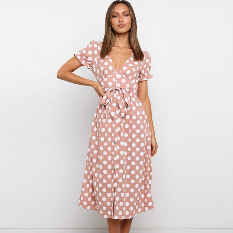 Women's Summer V Neck Ruffle Sleeve Single Breasted Waist Controlled Lace Up Polka Dot Dress