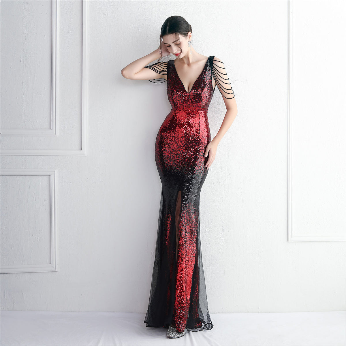Women's Gradient Sequin Beaded Party Dress Long Cocktail Slim Fit Evening