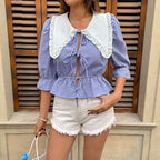 Women’s Blue Plaid Lace Up Doll Collar Shirt