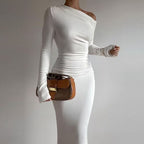 One-Shoulder Long-Sleeve Ruched Maxi Dress