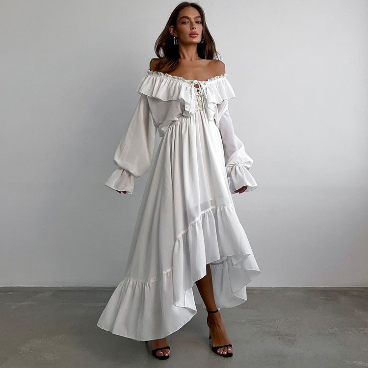 Drawstring V Neck Flared Sleeves Chiffon Dress