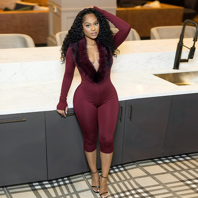 Solid Color Fur Collar Finger Fit Design Long Jumpsuit