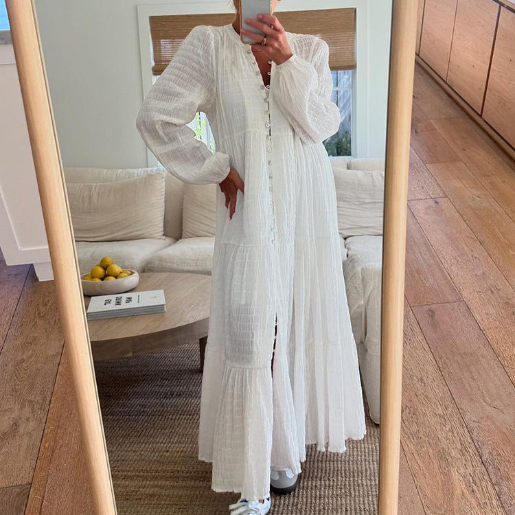 White Cotton Pleated Long Sleeve Maxi Dress