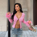 Women’s Pink Feather Trim Deep V Cardigan