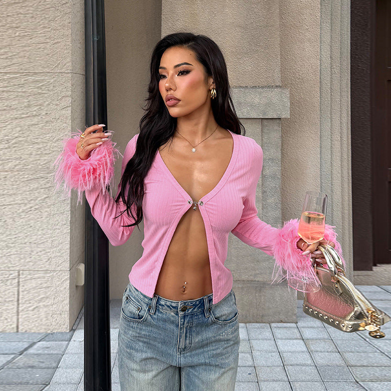 Women’s Pink Feather Trim Deep V Cardigan