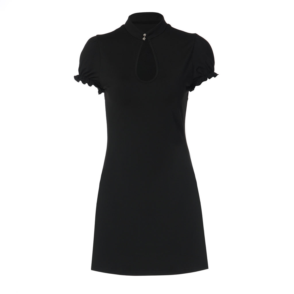 Stand-Collar Cutout Puff-Sleeve Bodycon Mini Dress