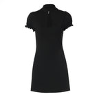 Stand-Collar Cutout Puff-Sleeve Bodycon Mini Dress
