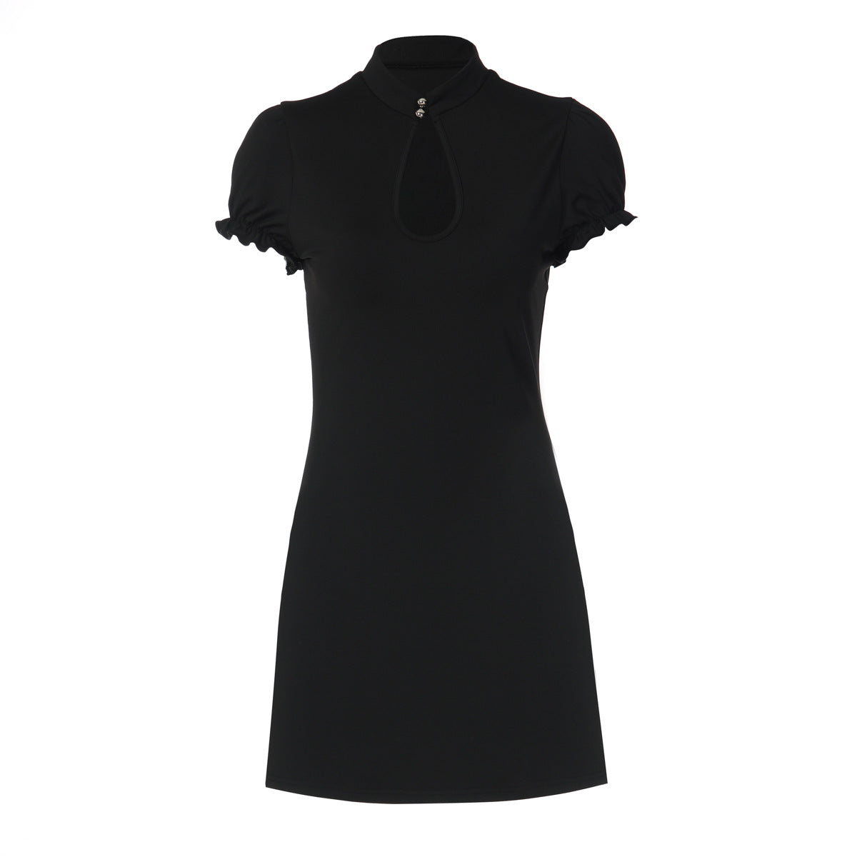 Stand-Collar Cutout Puff-Sleeve Bodycon Mini Dress