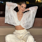 Women's Winter Women Clothing Sexy Elegant Lace Jacquard Sheer Long Sleeve Top For Women