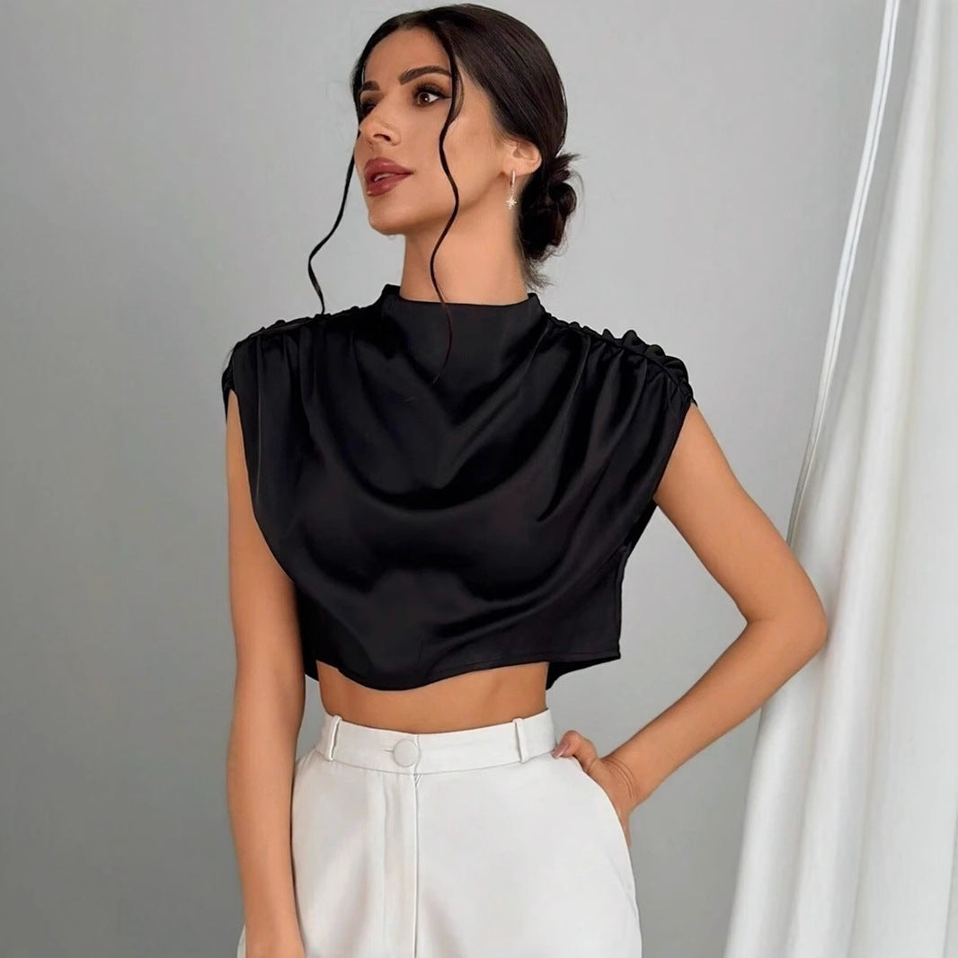 Women's Pleated Batwing Sleeve Satin Top