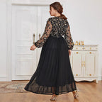 Women's V-Neck Floral Lace Belted A-Line Maxi Dress