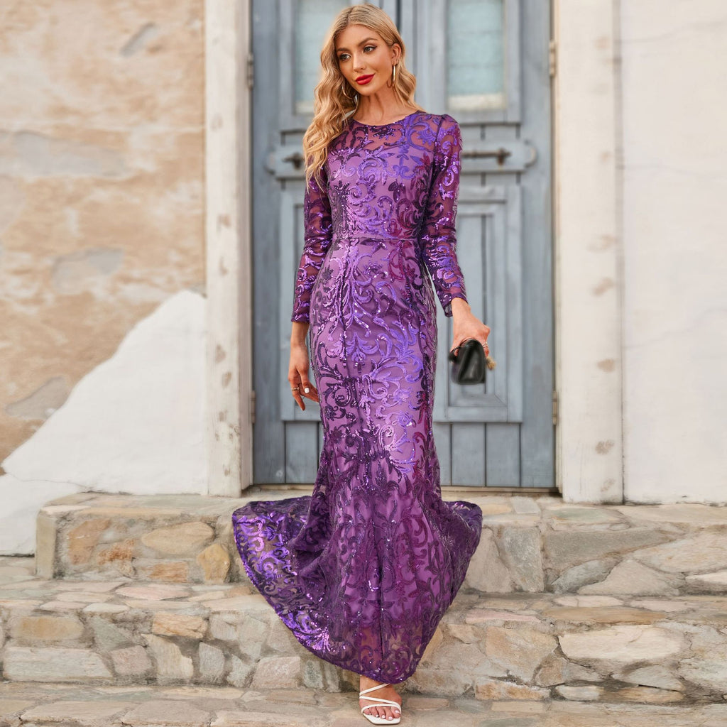 Spring Autumn Sequin Dress Purple Crew-Neck Long Evening Long Sleeve