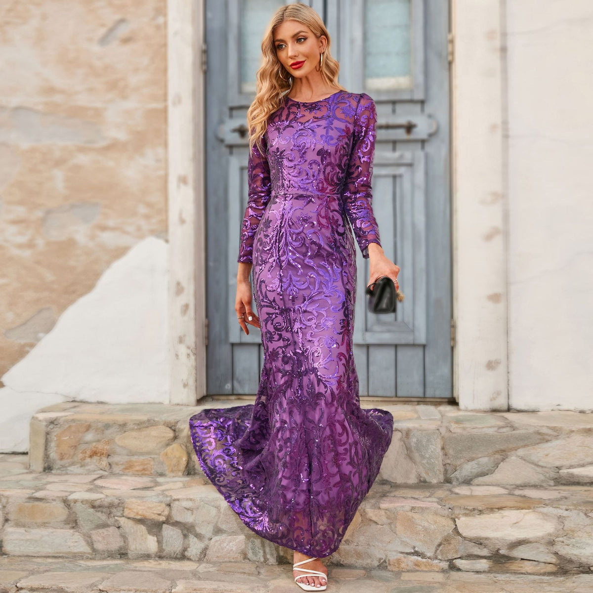 Spring Autumn Sequin Dress Purple Crew-Neck Long Evening Long Sleeve