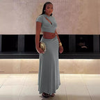 Women's Beaded Cropped Short-Sleeve Two-Piece Skirt Set