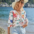 Women's 175summer Autumn Lace Bell Sleeve V Neck Loose Printed Chiffon Shirt