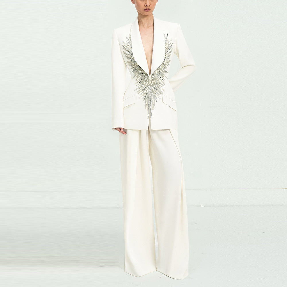 Heavy Industry Beads Diamond-Embedded Green Fruit Collar Blazer Trousers Two-Piece Set