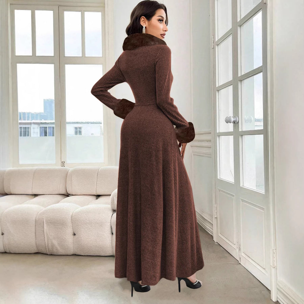 Winter Elegant Fur Collar Stitching Large Slim Dress
