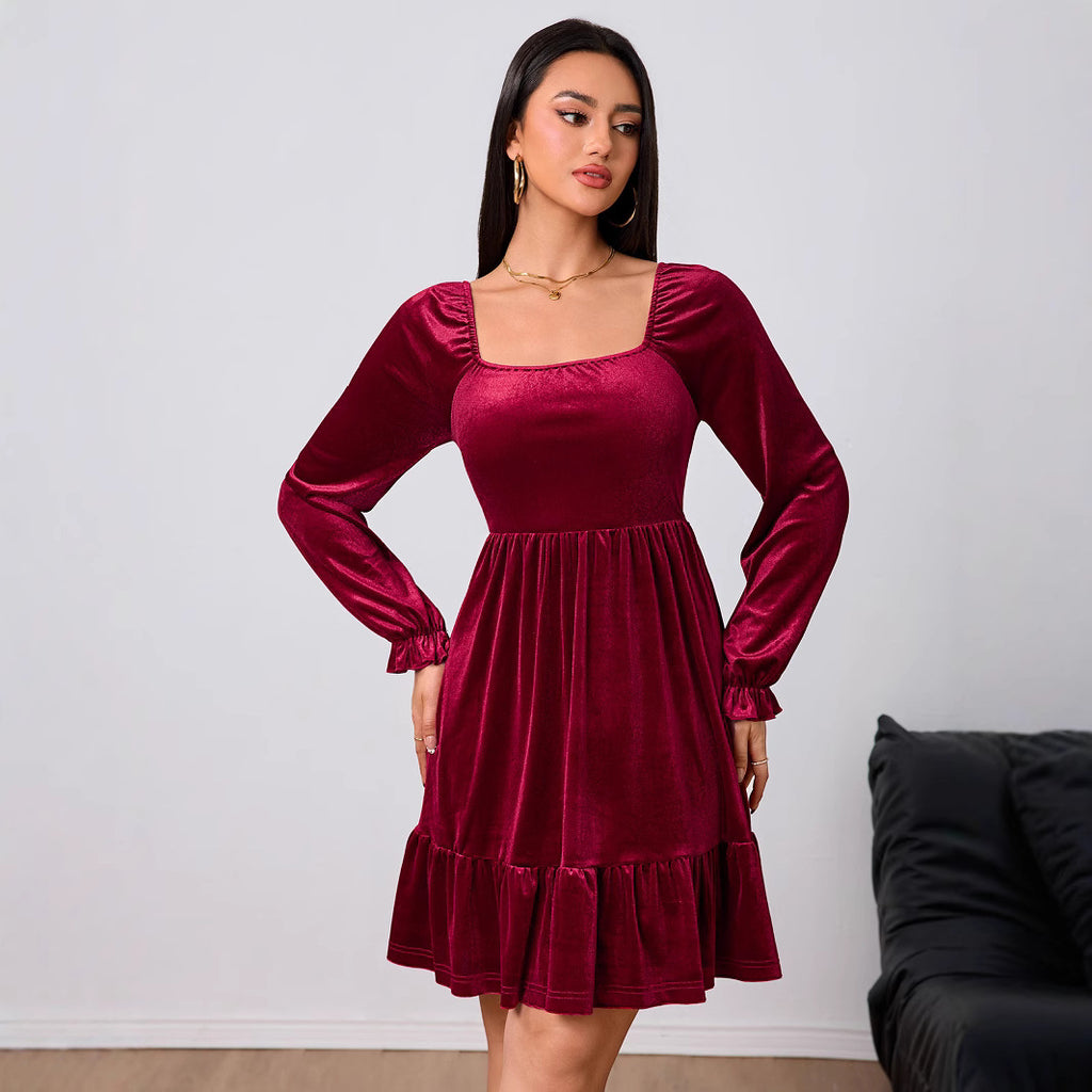 Women's Wine Red Velvet French Midi Dress