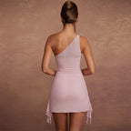 One-Shoulder Lace Asymmetric Bodycon Mini Dress