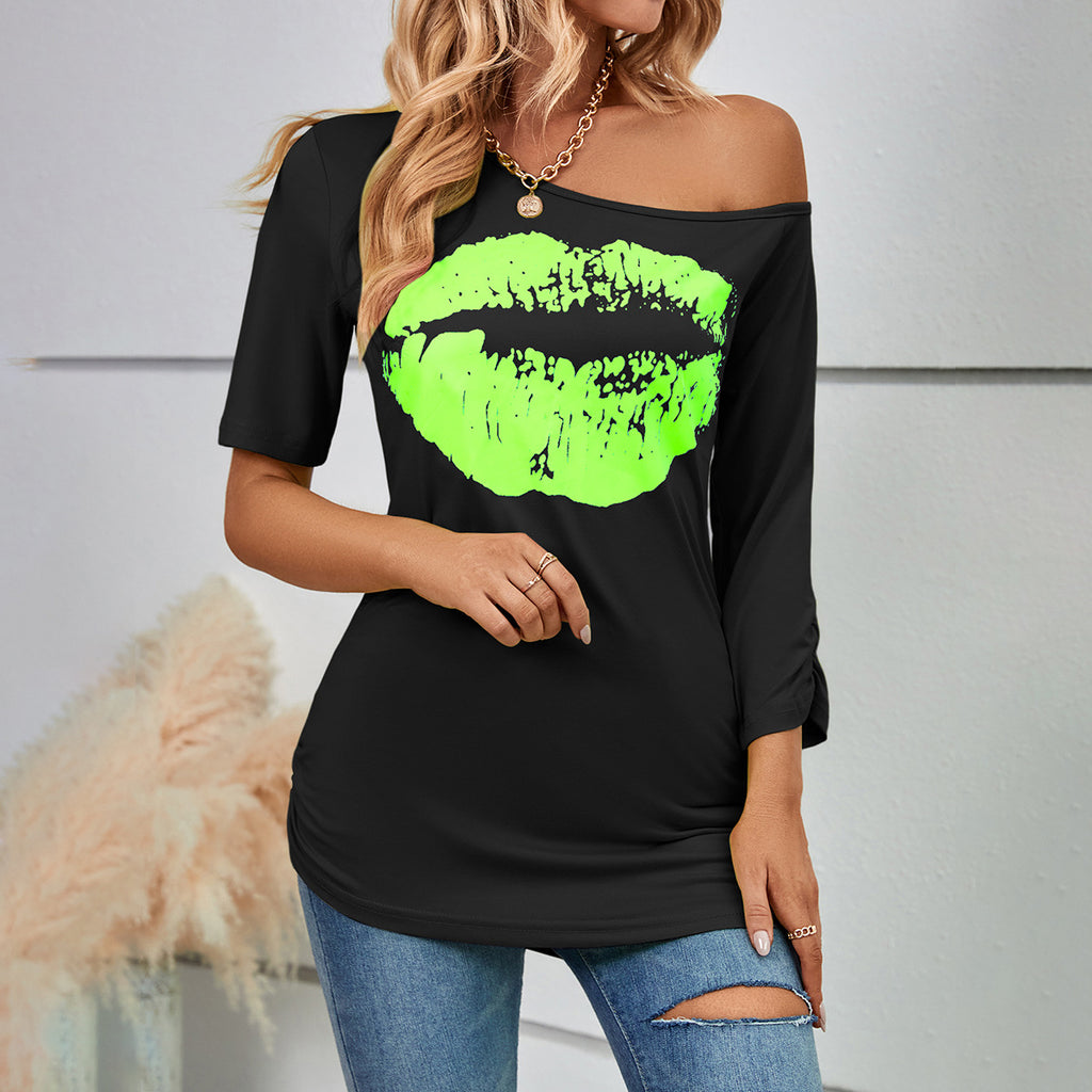 Women's T-Shirt Off Shoulder Irregular Asymmetric Sleeve Length Slim