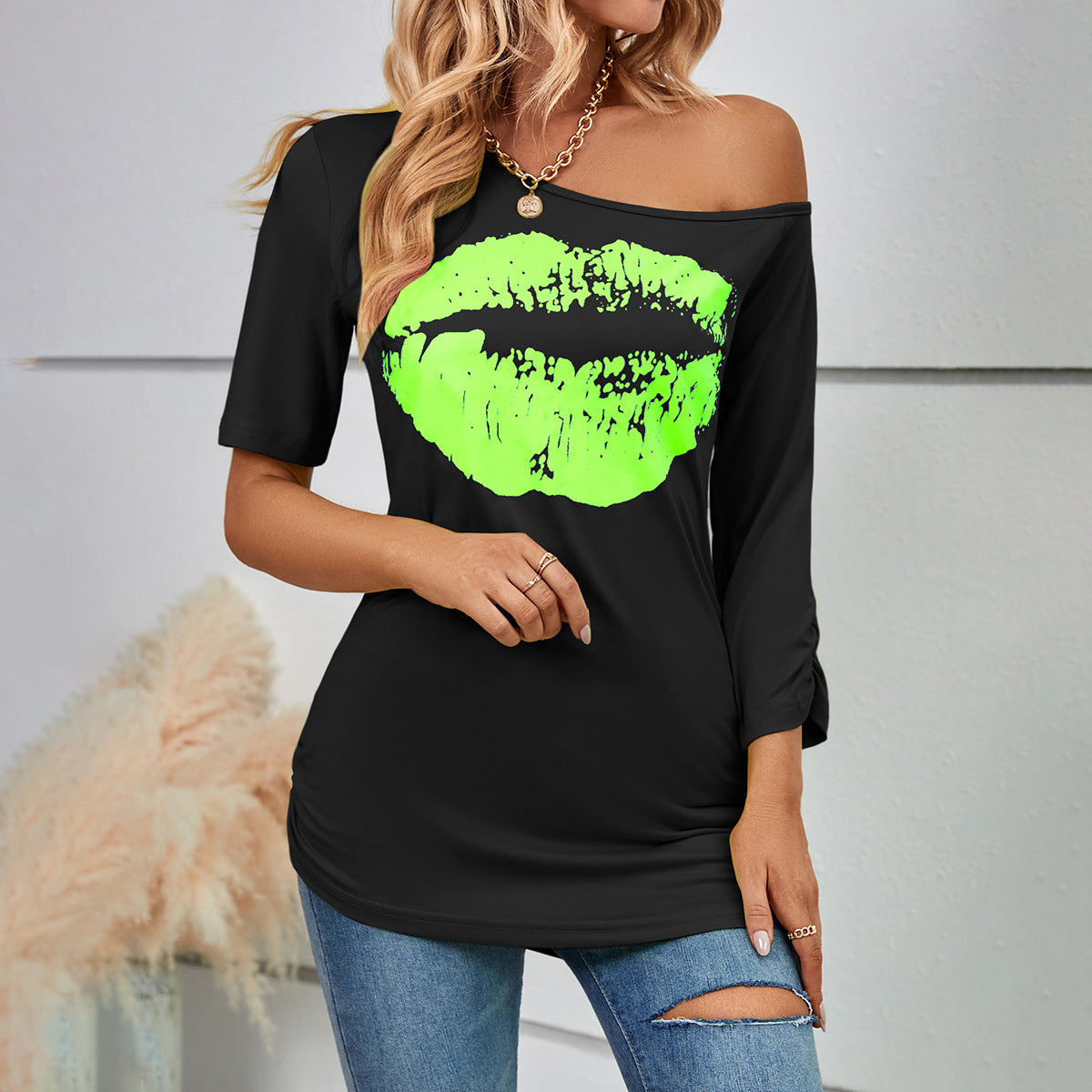 Women's T-Shirt Off Shoulder Irregular Asymmetric Sleeve Length Slim