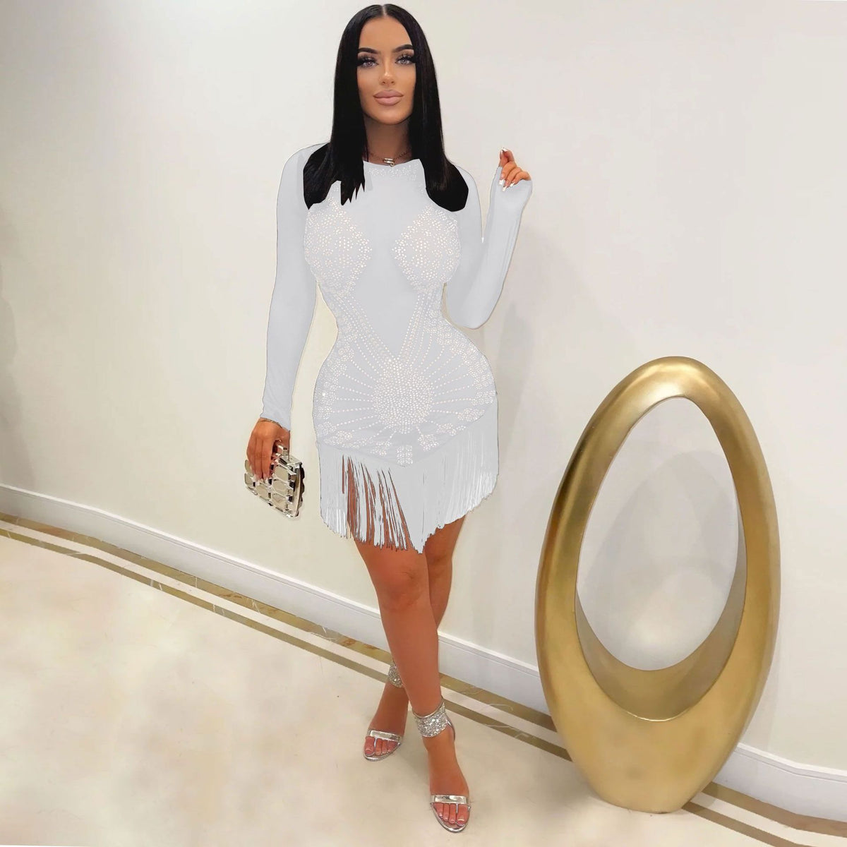 Women's Rhinestone Fringe Long Sleeve Party Dress
