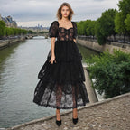 Lace Embroidered Puff Sleeve Tiered Maxi Dress