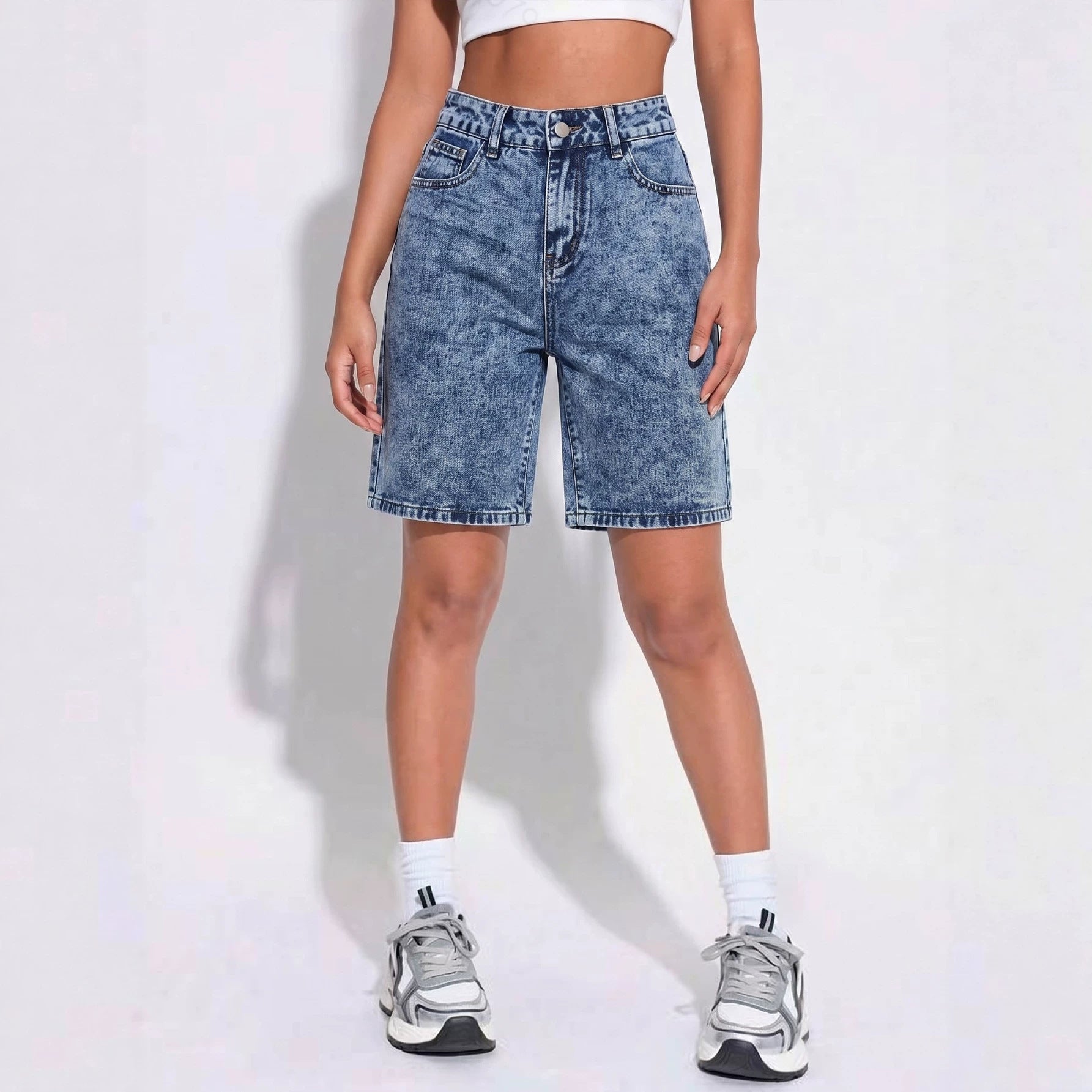 Summer Denim Shorts Women Blue Washed Distressed Loose