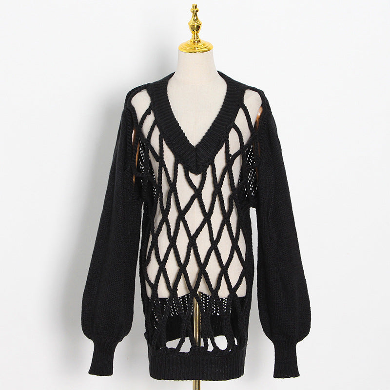 Women's V-Neck Mesh Knit Sweater Top