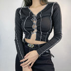 Women’s Black Lace Up Cropped Long Sleeve Top