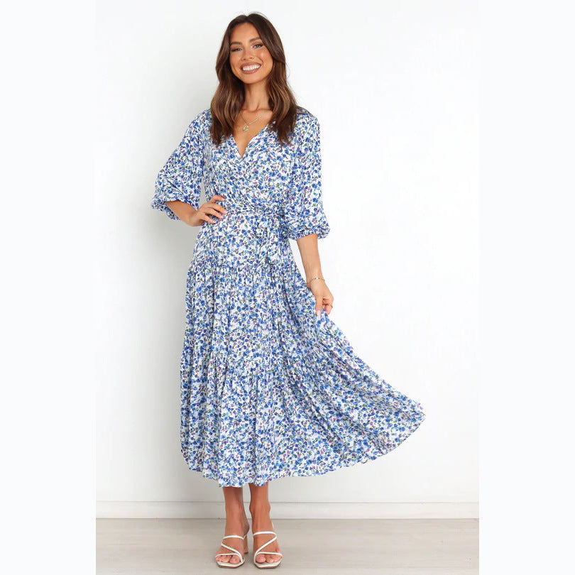 Women's Floral Mid-Sleeve V neck Dress