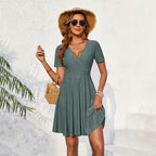 Women's Knitted Embroidered Hollow Out Cutout Cross Collar Elastic Waist A Line T Shirt Short Dress Women