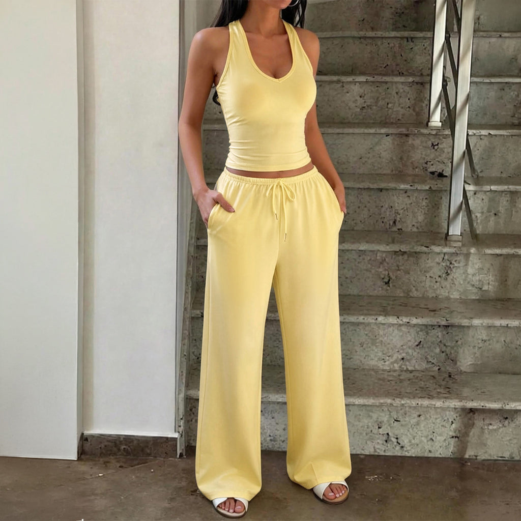 Sports Slim Vest Wide Leg Pants Two Piece Sets Women Clothing Spring Summer