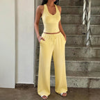 Sports Slim Vest Wide Leg Pants Two Piece Sets Women Clothing Spring Summer