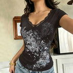 Retro Sexy Dark Printed Lace V neck Top Women Street Sexy