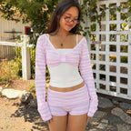 's Casual White Suspender Stripes Bow Short Long Sleeve Blouse Low Waist Hip Wrapped Shorts Sets