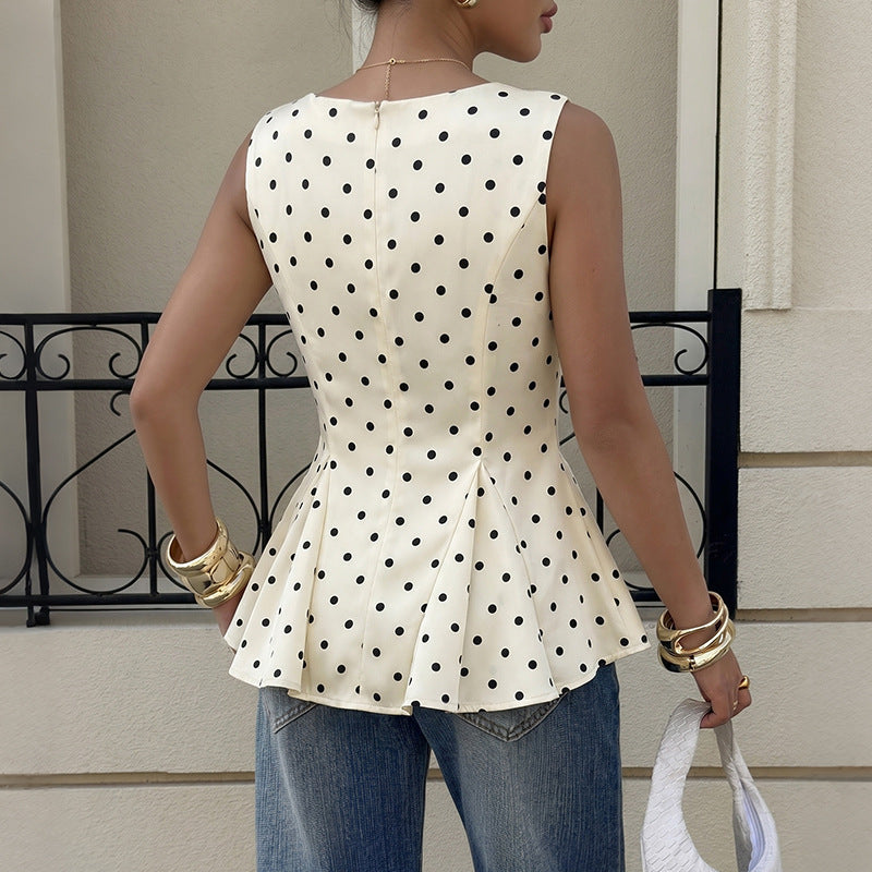 French Vintage Polka Dot Cinched Ruffled SL Shirt for Women