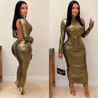 Solid Color Metallic Coated Fabric Round Neck Long Sleeve Dress