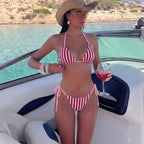 Pink striped printed triangle bikini with adjustable tie-side bottoms