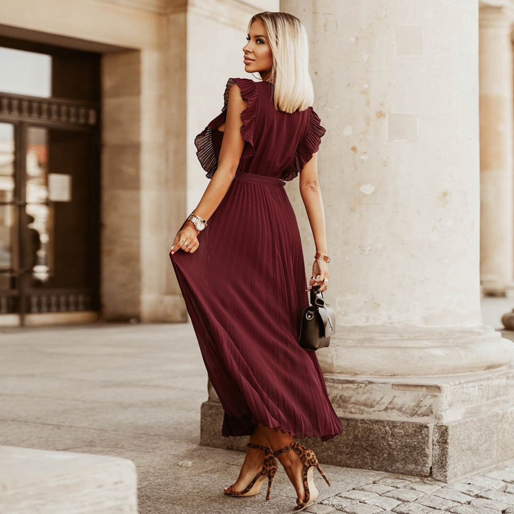 Women's Elegant Beach Dress Fashionable Slim Fit Sexy Ruffle Sleeve Chiffon Pleated Solid Color Dress
